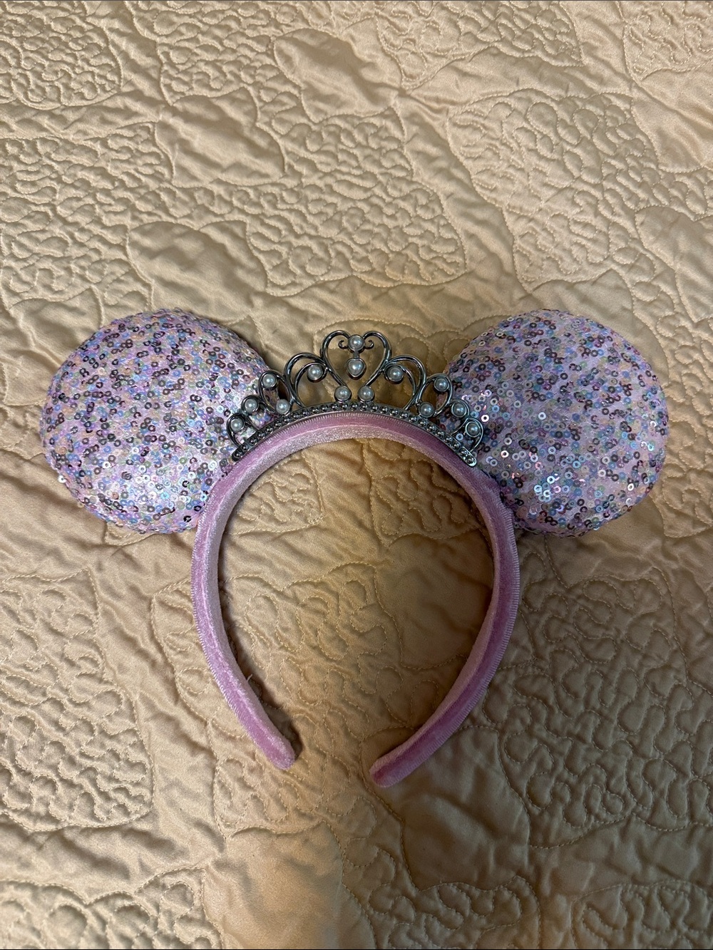Disney Pink Sequin Minnie Ear Headband with Silver Tiara